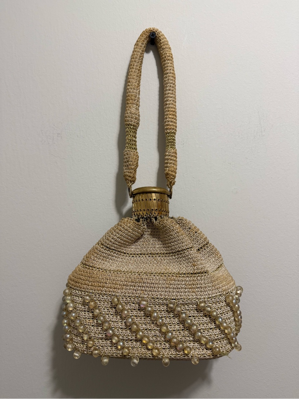 Vintage White Beaded Gold Clutch Pearl Purse with Handle With Unique Metal Top